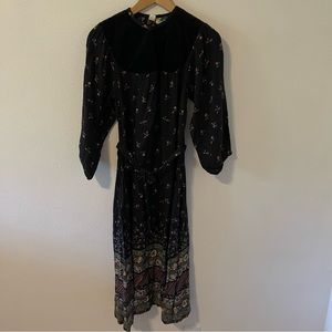 Vintage 70s Bohemian Floral Velvet Midi Dress Broadway Directions Puff Sleeves-S